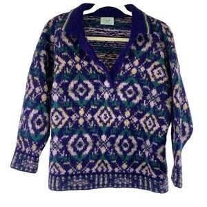 Benetton Sweater Collared Purple Green Pattern Pullover Button Wool Women Medium